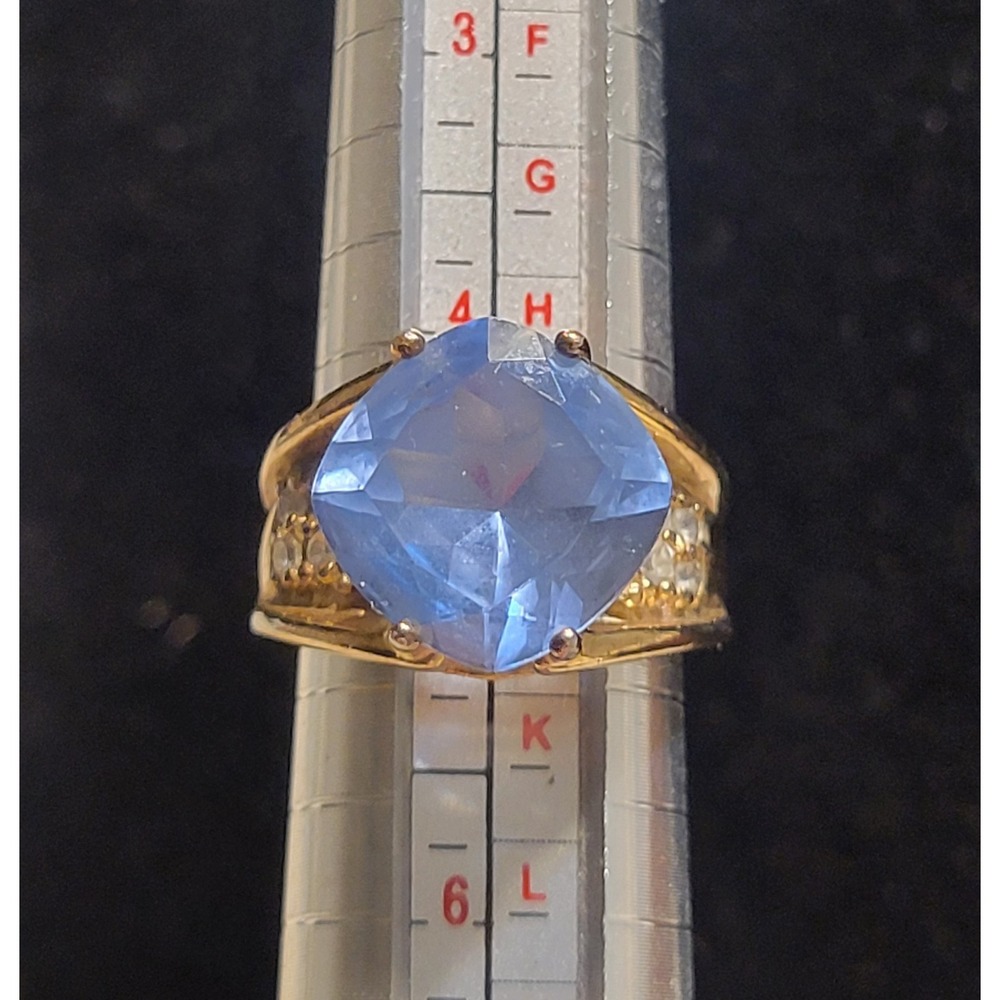 Women Gold-Tone Cushion Cut Blue Stone 925 Ring CZ Accent Channel Band Size 4.75